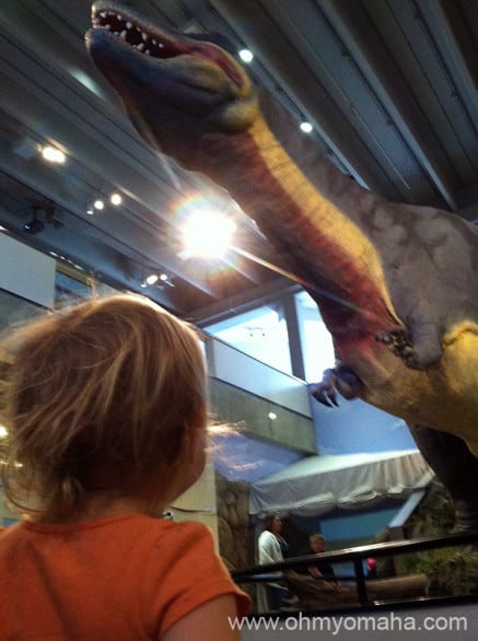 Mooch meets a dinosaur at the St. Louis Science Center.
