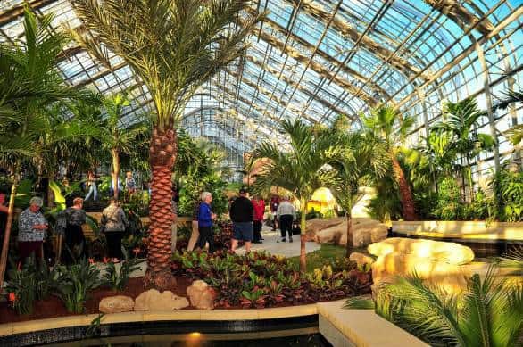 Visitors check out the  tropical house inside the new Marjorie K. Daugherty Conservatory at Lauritzen Gardens. Photo courtesy Lauritzen Gardens