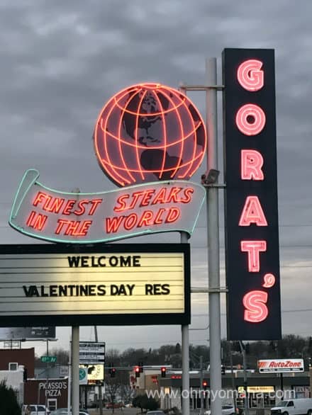 Neon sign in front of Gorat's, one of Omaha's oldest steakhouses.