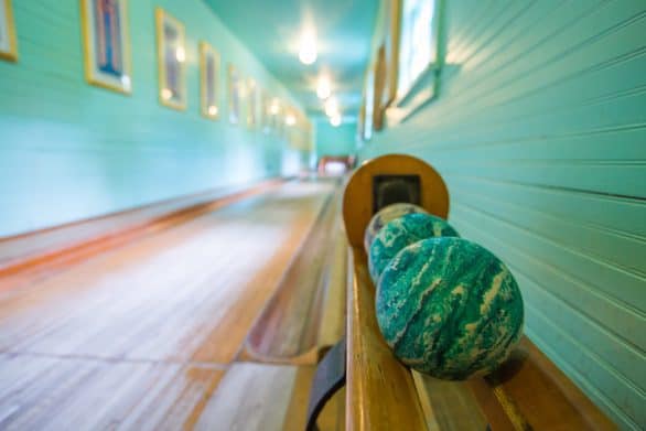 The Woods Restaurant bowling alley. The Woods Restaurant on Mackinac Island is designed to look like a Bavarian lodge, and has a duckpin bowling alley.