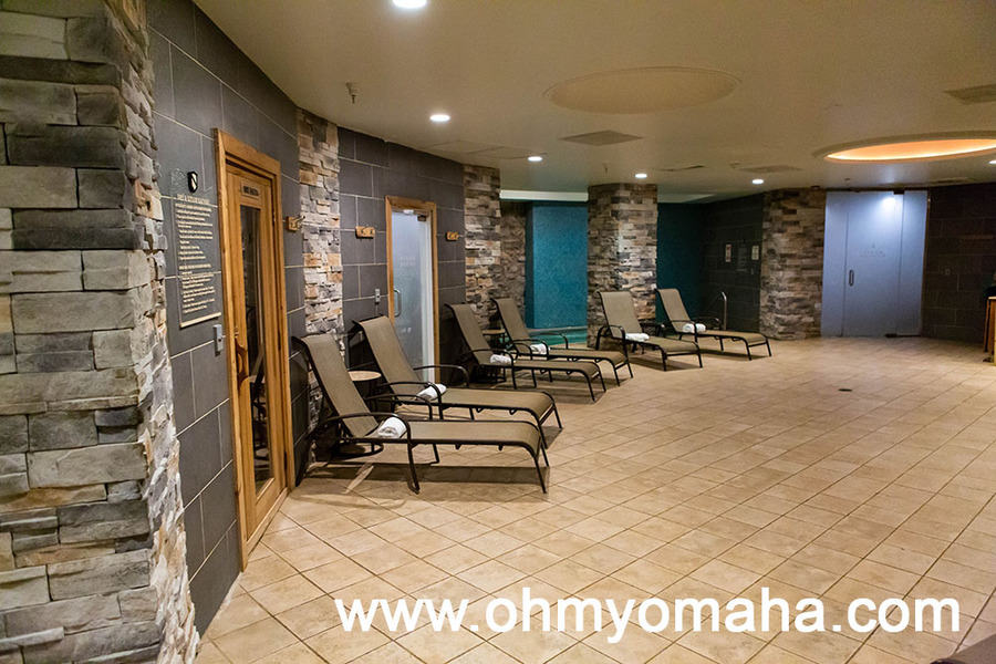 Four of the Grotto's features are pictured here. From left is the dry sauna, steam sauna, hot tub, and steam shower. To the right, just out of view, is the cold plunge shower.