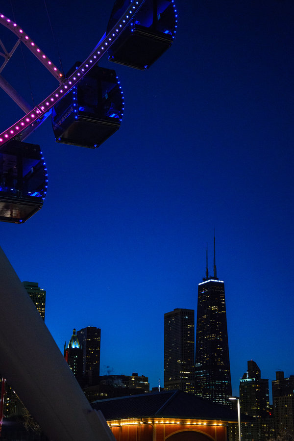 The ferris wheel at Navy Pier in downtown Chicago. Navy Pier is home to Winter Wonderfest in December. 