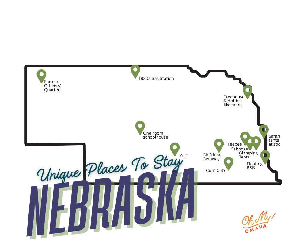 A map of Nebraska with pins for al the unique places to stay