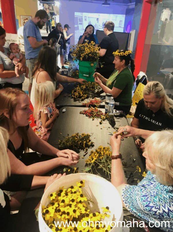 Making flower crowns at Omaha Children's Museum