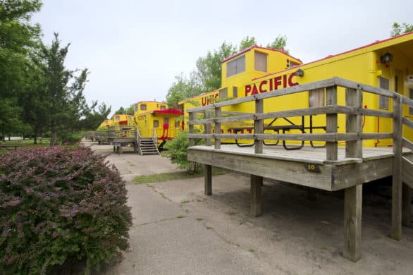 A row of caboose cabins at Two Rivers State Recreation Area near Omaha, Nebraska