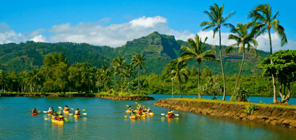 Kayaks on Wailua River in Kauai, Hawaii