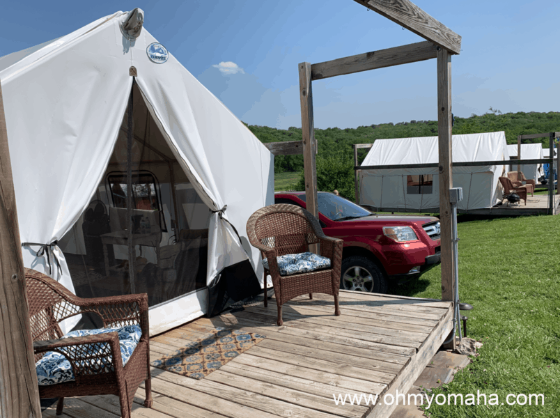The front porch of a glamping tent at Slattery Vintage Estates in Nebraska