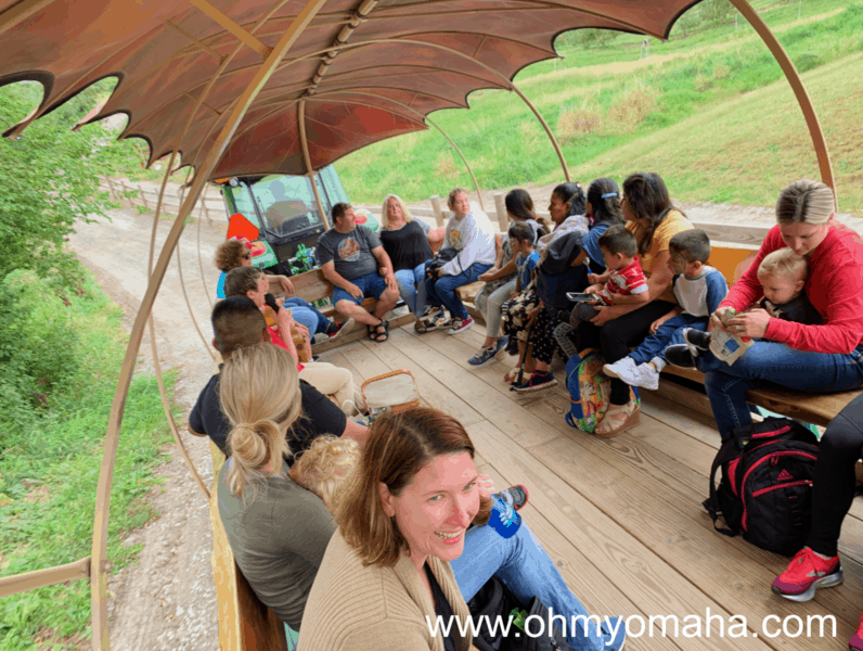 Families are seated on benches during the Discover Ride at the Tree Adventure