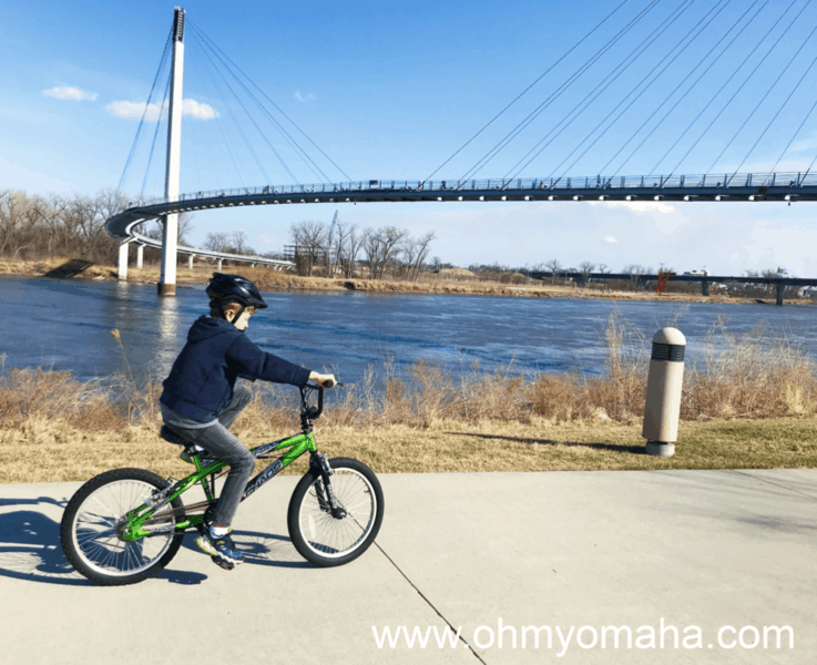 Biking by The Bob, the pedestrian bridge over the Missouri River
