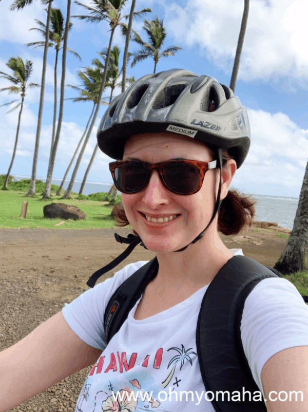 Helmet on and ready to bike the Kapaa Bike Path on Kauai
