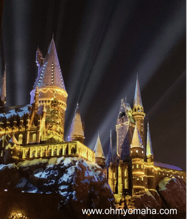 A light show projected onto the castle at the Wizarding World of Harry Potter at Universal Studios Hollywood