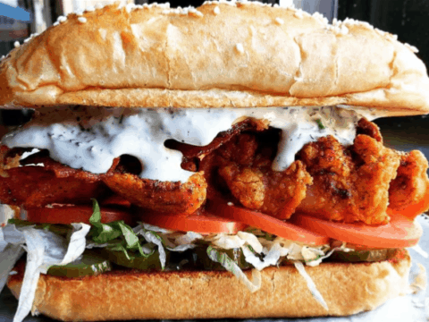 Up-close photo of a chicken sandwich at Block 16