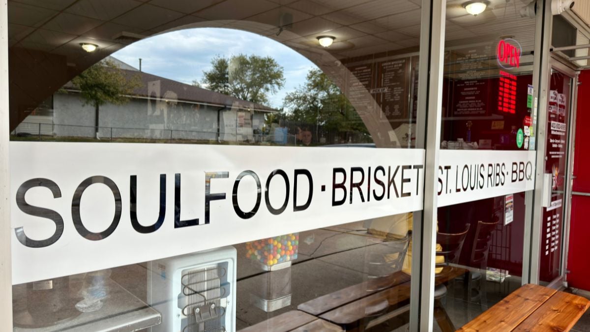The exterior of Rib Shack Smoke House in Omaha. The sign reads "Soul food, Brisket, St. Louis Ribs, BBQ"