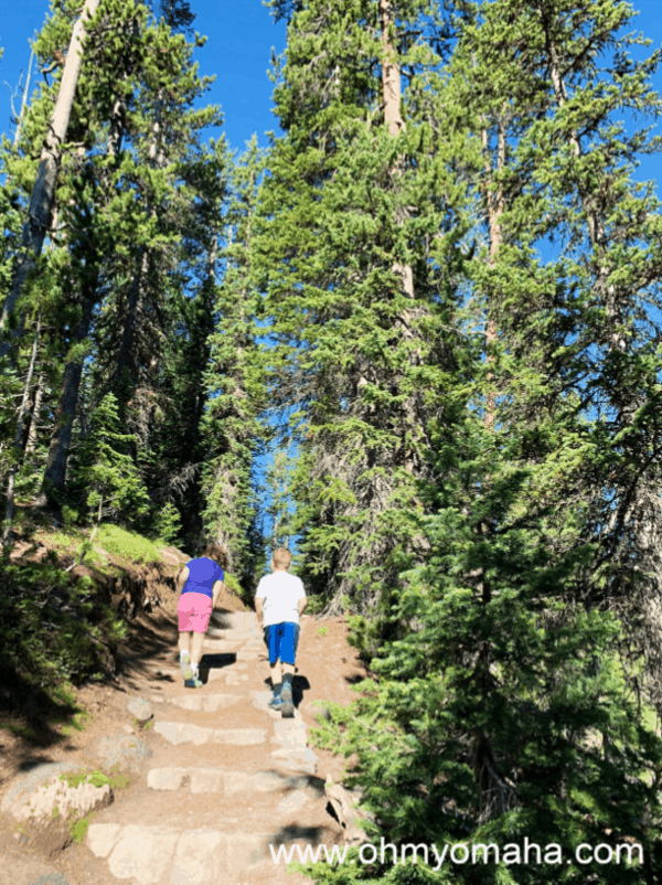 Kids walking up incline to see better view of Lewis Falls in Yellowstone National Park