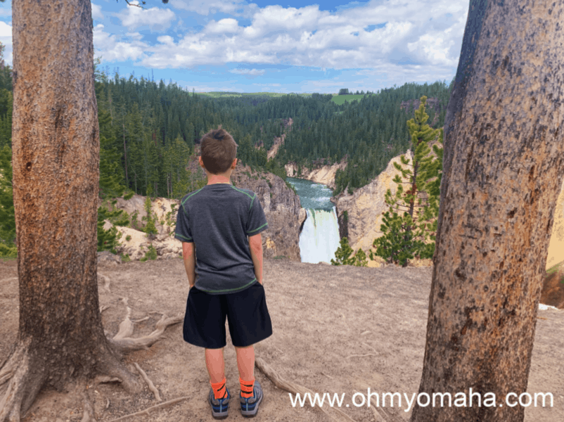 Boy looking at Lower Falls in Yellowstone Grand Canyon