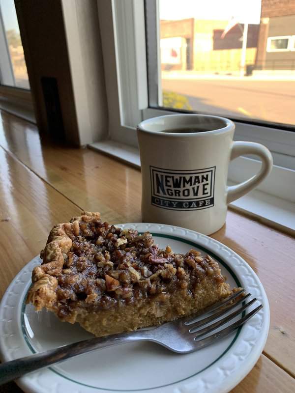 A slice of pumpkin praline pie and a cup of coffee at Newman Grove City Cafe.