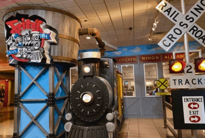 The entrance to Fritz's Railroad Restaurant at Crown Center has a mini engine in front of it.