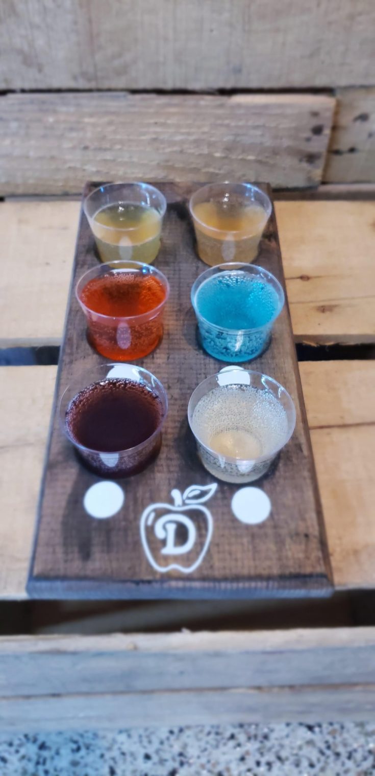 A cider flight at Ditmars Orchard & Vineyard in Council Bluffs, Iowa