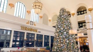 A Christmas tree inside Union Station in downtown Denver