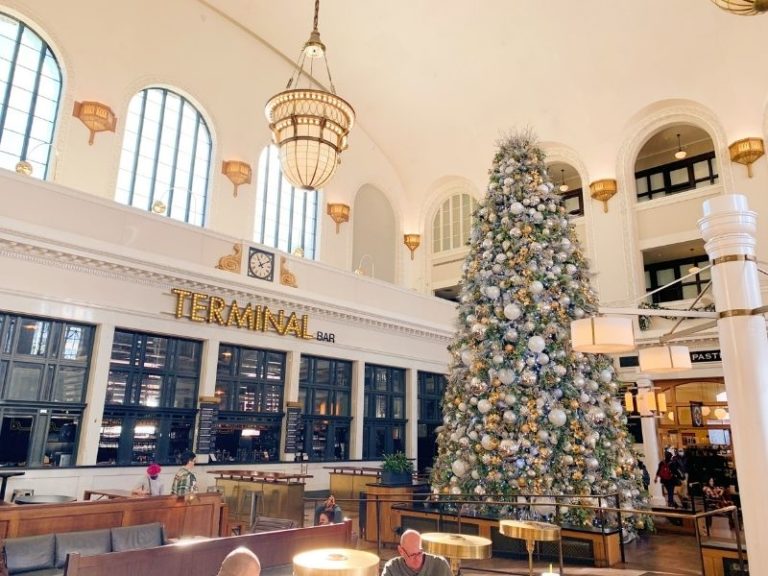 A Christmas tree inside Union Station in downtown Denver