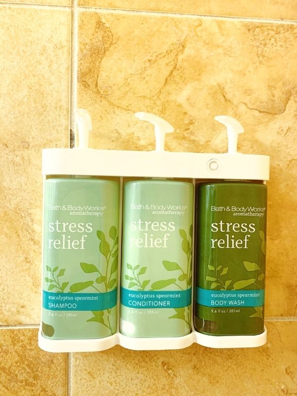 Refillable containers of bath products at the Honey Creek Resort