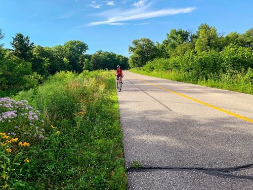 A bicyclist on a trail in Waterloo, Nebraska with wildflowers in the grass