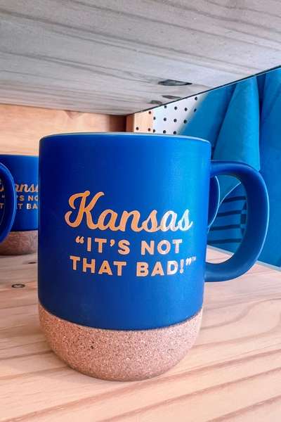 Funny blue mug spotted in Humboldt, Kansas that reads: Kansas 