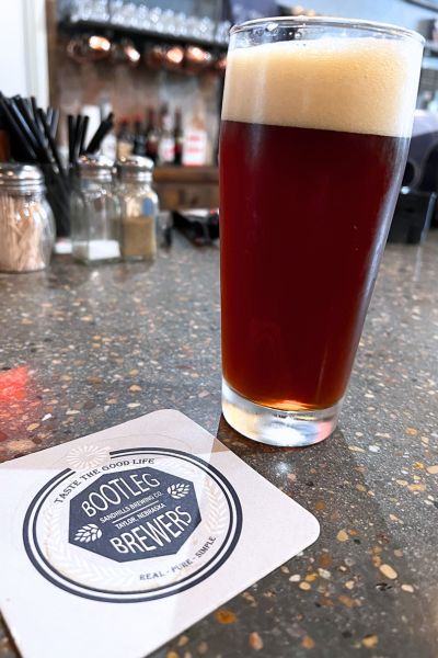 A coaster and pint of beer at Bootleg Brewers in Taylor, Nebraska