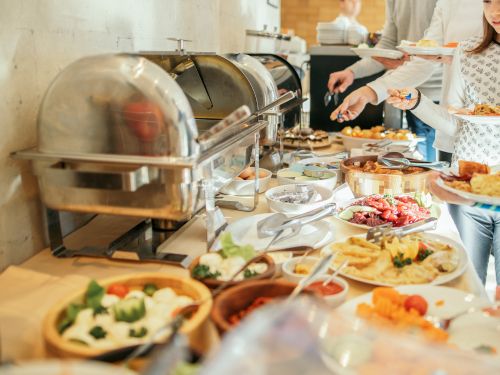 Hot breakfast buffet at a hotel