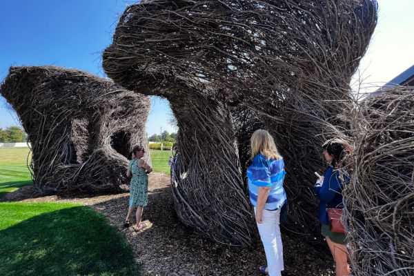 An outdoor sculpture by Patrick Dougherty at Mark Arts in Wichita