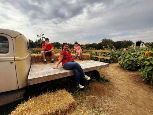Kim and her two kids sit on a truck bed with hay bales with a sunflower field in the background 