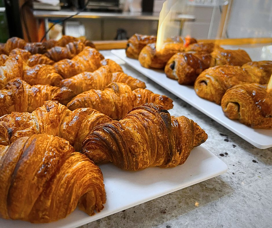 The pastry case at Fairfield Food Cooperative, with a mix of croissants 
