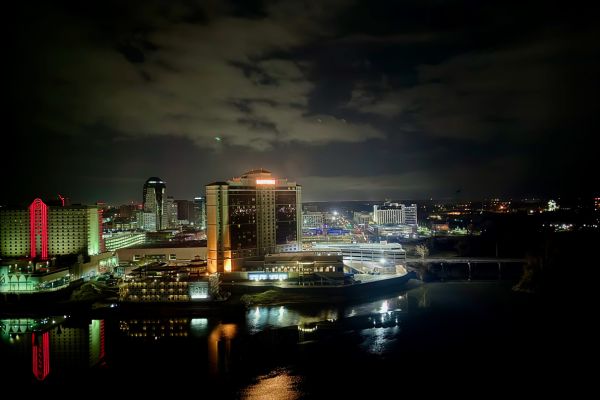 A view of downtown Shreveport along the river at night