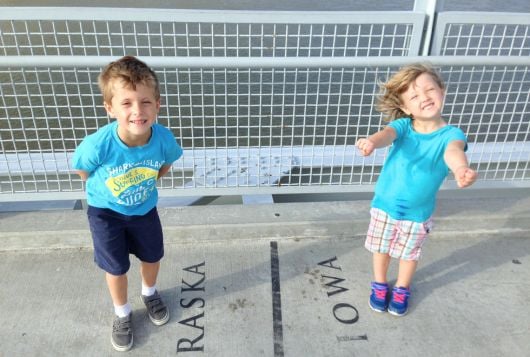 "Bobbing" at the state line on the Bob Kerrey Pedestrian Bridge over the Missouri River