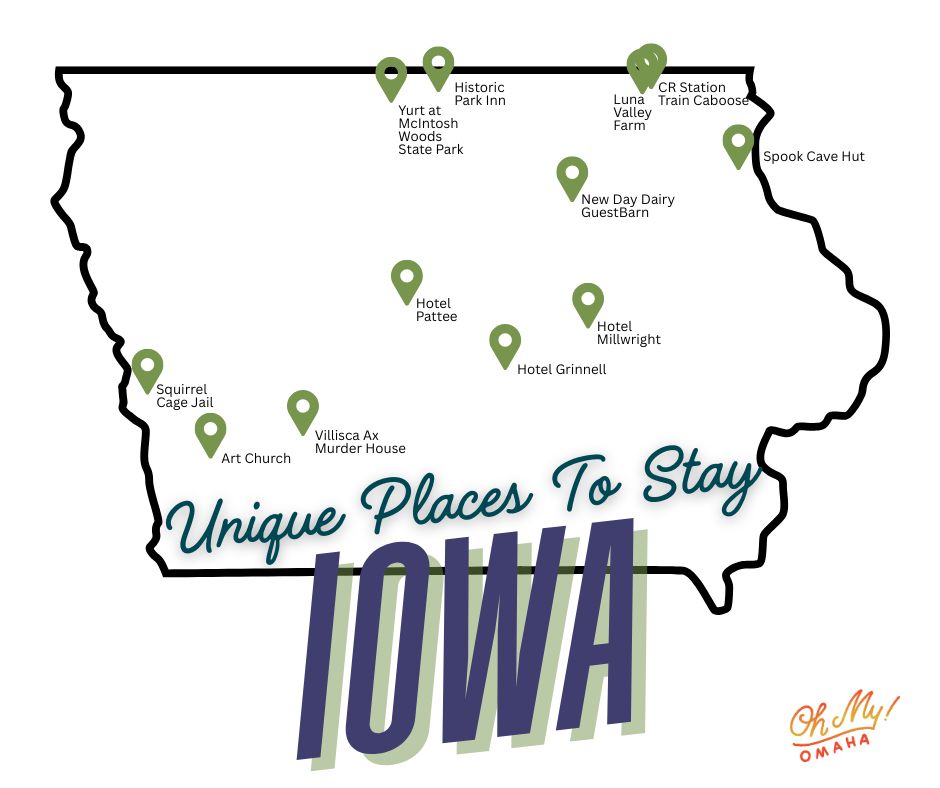 A map of Iowa featuring unique places to stay overnight 