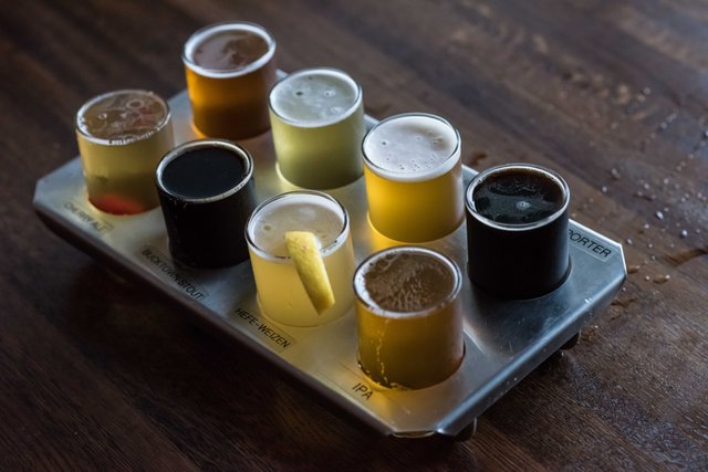 A flight of eight beers from Front Street Brewery