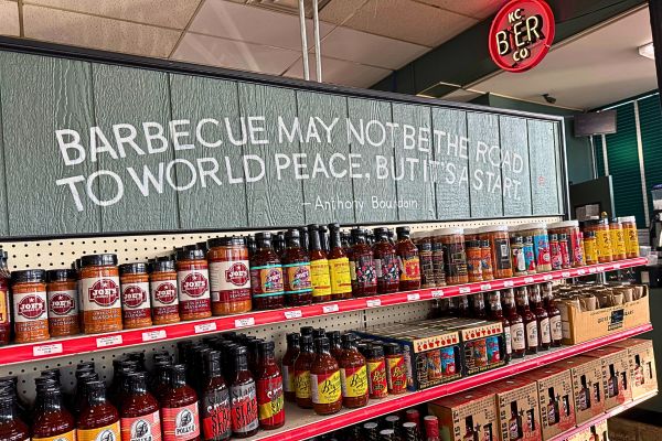 A shelf of barbecue sauce and rubs at Joe's Kansas City Bar-B-Que