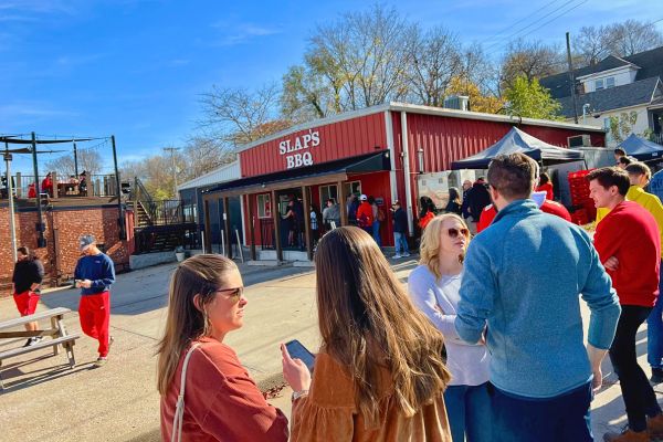 A line of people waiting for food at Slap's Bar-B-Que in Kansas City, Kansas