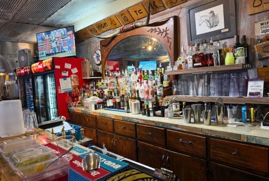 The bar inside Longhorn Saloon in Harrison, Nebraska.