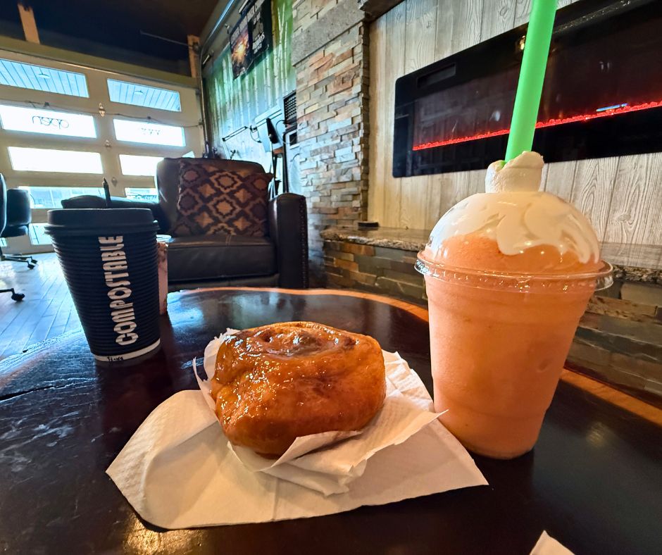 A caramel roll, coffee and smoothie at Aspen Leaf in Pocahontas, Iowa